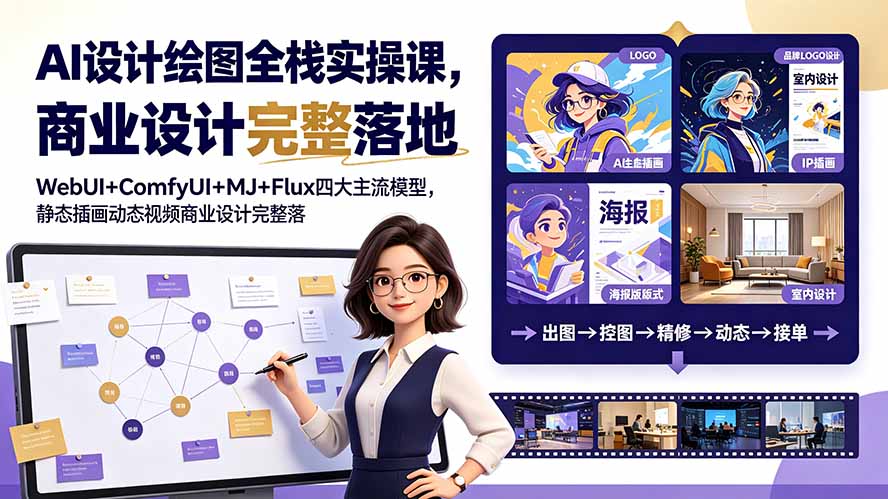 AI设计绘图全栈实操课，WebUI+ComfyUI+MJ+Flux四大主流模型，静态插画动态视频商业设计完整落地教程-超级会员网