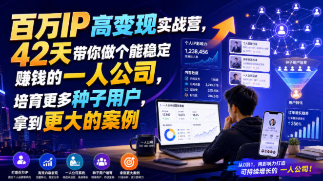百万IP高变现实战营，42天带你做个能稳定賺钱的一人公司，培育更多种子用户，拿到更大的案例-超级会员网