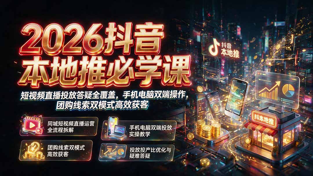2026抖音本地推必学课｜短视频直播投放答疑全覆盖，手机电脑双端操作，团购线索双模式高效获客-超级会员网