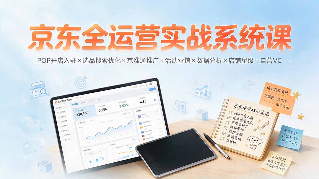 京东全运营实战系统课：POP开店入驻×选品搜索优化×京准通推广×活动营销×数据分析×店铺星级×自营VC-超级会员网