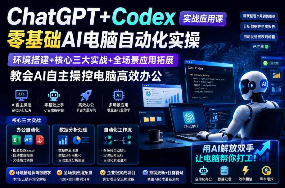 ChatGPT+Codex实战应用课｜零基础AI电脑自动化实操，环境搭建+核心三大实战+全场景应用拓展，教会AI自主操控电脑高效办公-超级会员网