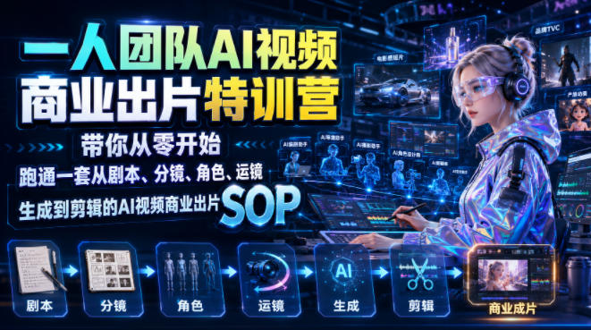 一人团队AI视频商业出片实战课：带你从零开始跑通一套从剧本、分镜、角色、运镜、生成到剪辑的AI视频商业出片SOP-超级会员网