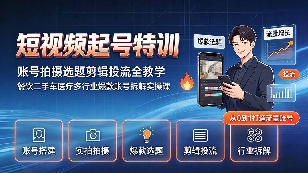 短视频起号特训｜账号拍摄选题剪辑投流全教学，餐饮二手车医疗多行业爆款账号拆解实操课-超级会员网