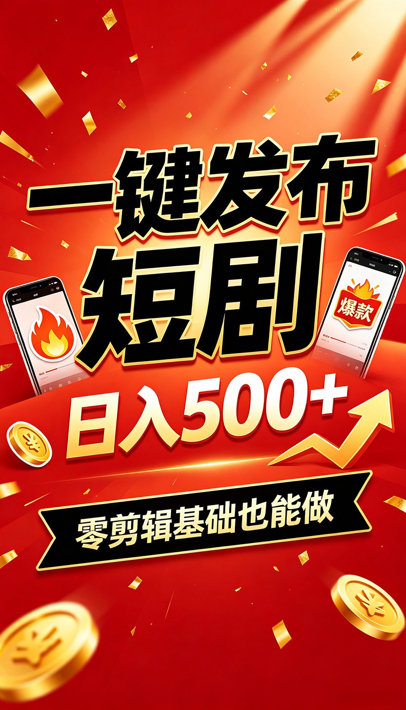 快手短剧一键发布，不用剪辑操作简单，副业日入500+。空闲时间轻松赚收益-超级会员网