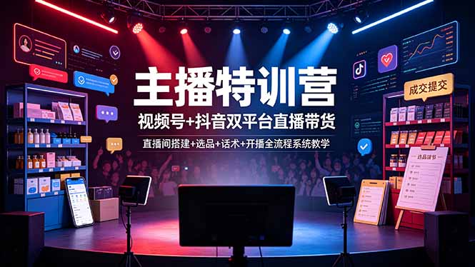 主播特训营：视频号+抖音双平台直播带货，直播间搭建+选品+话术+开播全流程系统教学-超级会员网