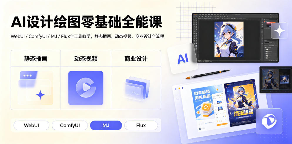 AI设计绘图零基础全能课｜WebUI/ComfyUI/MJ/Flux全工具教学，静态插画、动态视频、商业设计全流程-超级会员网