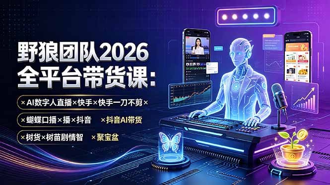 野狼团队2026全平台带货课-7月：AI数字人直播×快手一刀不剪×蝴蝶口播×抖音AI带货×树苗剧情智剪×聚宝盆-超级会员网