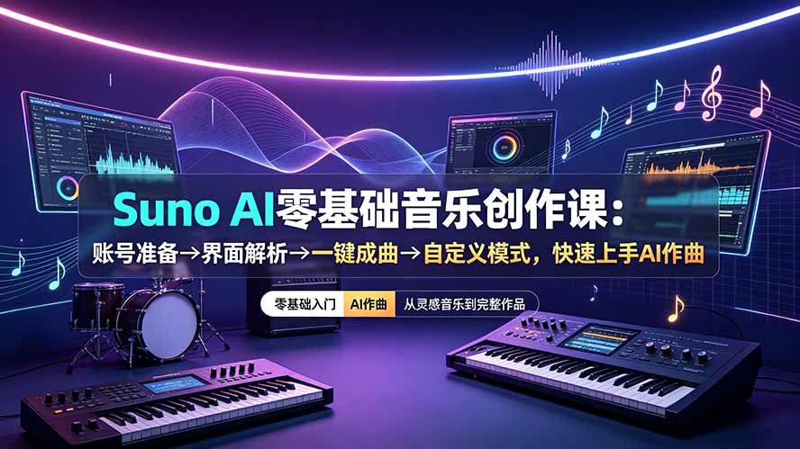 Suno AI零基础音乐创作课：账号准备→界面解析→一键成曲→自定义模式，快速上手AI作曲-超级会员网