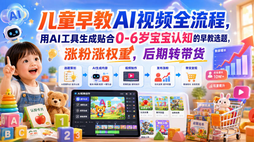 儿童早教AI视频全流程，用AI工具生成贴合0-6岁宝宝认知的早教选题，涨粉涨权重，后期转带货-超级会员网