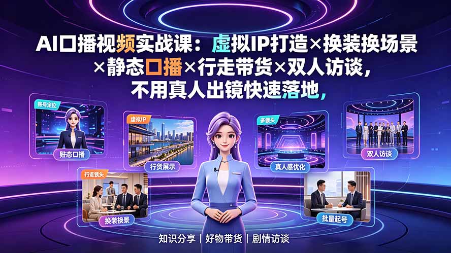AI口播视频实战课：虚拟IP打造×换装换场景×静态口播×行走带货×双人访谈，不用真人出镜快速落地-超级会员网
