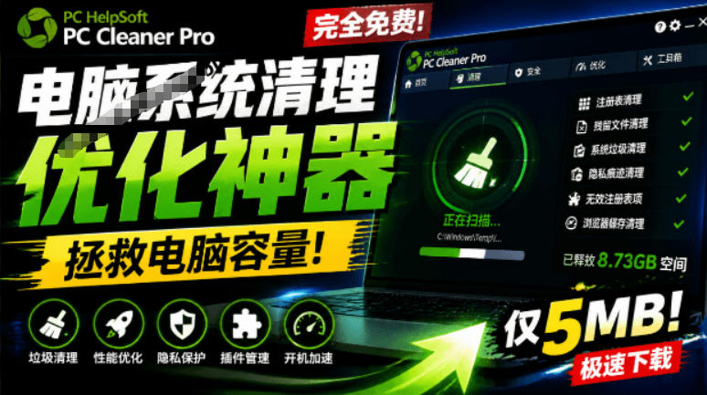 轻松吊打Win系统自带工具！电脑清理神器，拯救电脑容量，仅5MB，完全免费使用PC Cleaner Pro-超级会员网
