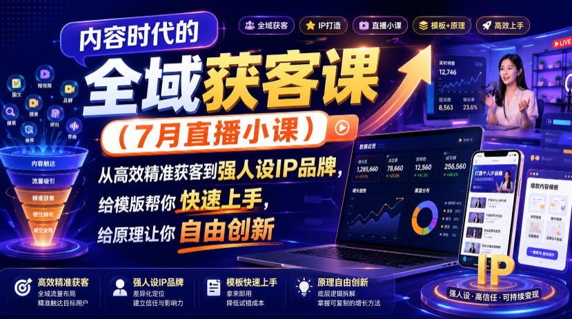 内容时代的全域获客课(7月直播小课)，从高效精准获客到强人设IP品牌，给模版帮你快速上手，给原理让你自由创新-超级会员网