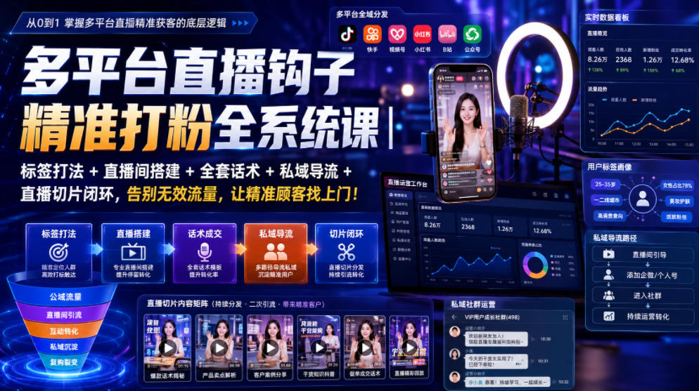 多平台直播钩子精准打粉全系统课｜标签打法+直播间搭建+全套话术+私域导流+直播切片闭环，告别无效流量，让精准顾客找上门！-超级会员网