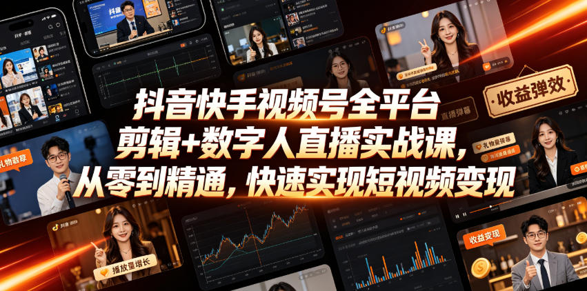 抖音快手视频号全平台剪辑+数字人直播实战课，从零到精通，快速实现短视频变现(更新2026年6月)​-超级会员网