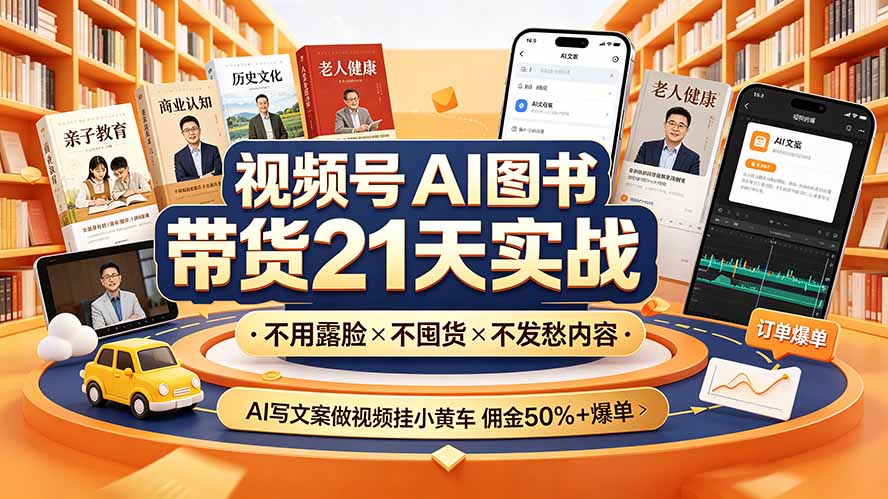 视频号AI图书带货21天实战：不用露脸×不囤货×不发愁内容，AI写文案做视频挂小黄车，佣金50%+爆单-超级会员网