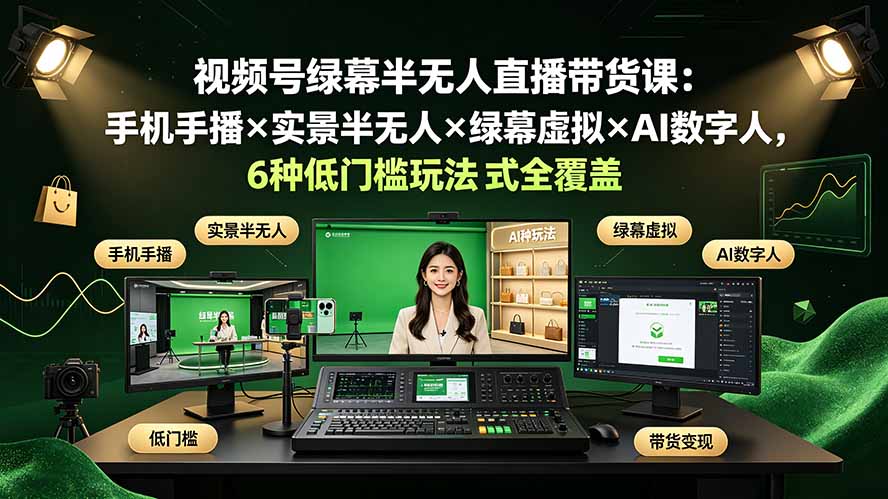 视频号绿幕半无人直播带货课：手机手播×实景半无人×绿幕虚拟×AI数字人，6种低门槛玩法全覆盖-超级会员网