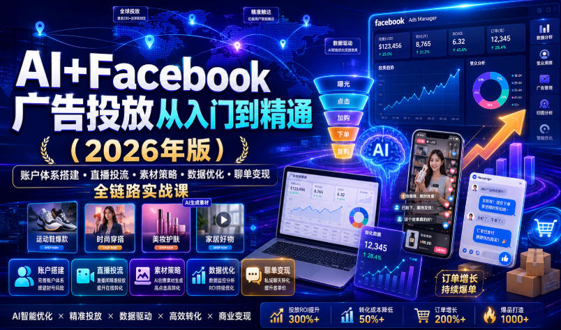 AI+Facebook广告投放从入门到精通(2026年版)｜账户体系搭建・直播投流・素材策略・数据优化・聊单变现全链路实战课-超级会员网