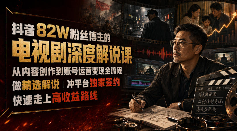 抖音82W粉丝博主的电视剧深度解说课，从内容创作到账号运营变现全流程，做精选解说，冲平台独家签约，快速走上高收益路线-超级会员网