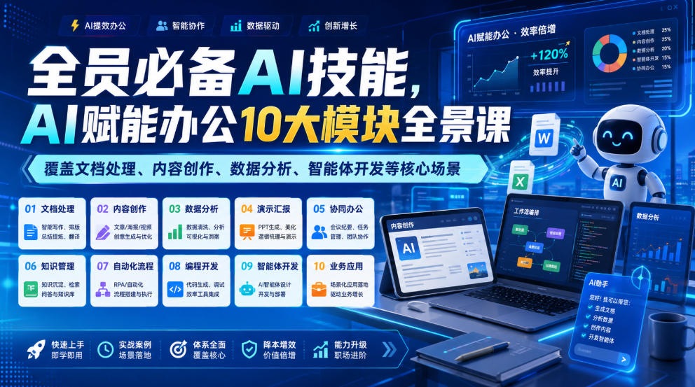 全员必备AI技能，AI赋能办公10大模块全景课，覆盖文档处理、内容创作、数据分析、智能体开发等核心场景-超级会员网