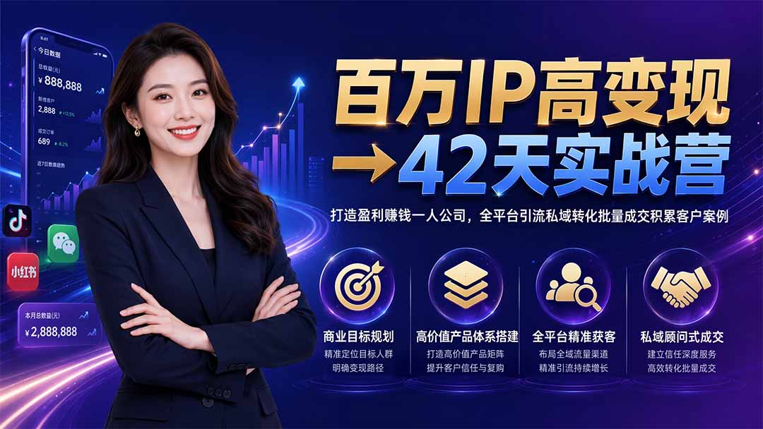 百万IP高变现→42天实战营｜打造盈利赚钱一人公司，全平台引流私域转化批量成交积累客户案例-超级会员网