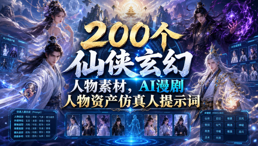 200个仙侠玄幻人物素材，AI漫剧人物资产仿真人提示词-超级会员网