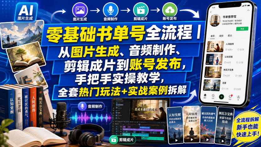 零基础书单号全流程｜从图片生成、音频制作、剪辑成片到账号发布，手把手实操教学，全套热门玩法+实战案例拆解-超级会员网