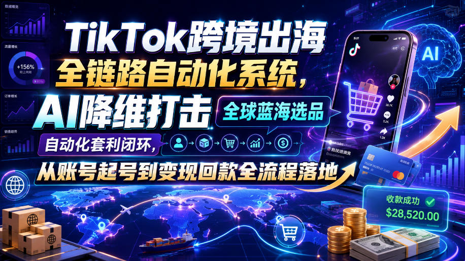 TikTok跨境出海全链路自动化系统，AI降维打击全球蓝海选品自动化套利闭环，从账号起号到变现回款全流程落地(2026年7月)-超级会员网