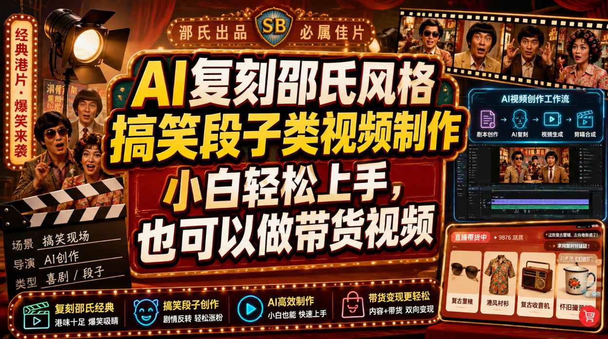 AI复刻邵氏风格搞笑段子类视频制作，小白轻松上手，也可以做带货视频-超级会员网