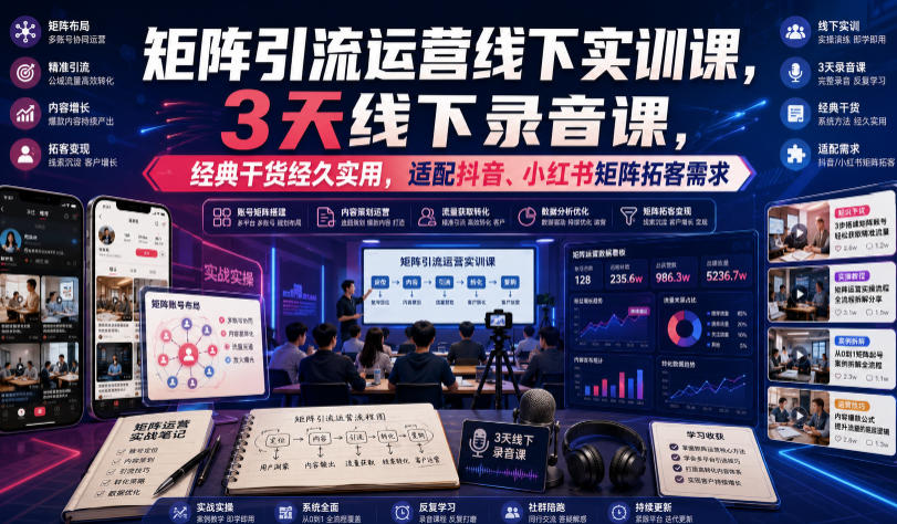 嗨推矩阵引流运营线下实训课，3天线下录音课，经典干货经久实用，适配抖音、小红书矩阵拓客需求-超级会员网