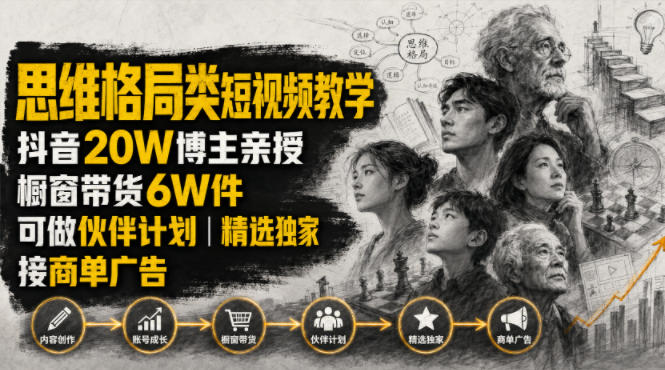 人性思维格局类短视频教学，抖音20W博主亲授，橱窗带货6W件，可做伙伴计划、精选独家、接商单广告-超级会员网
