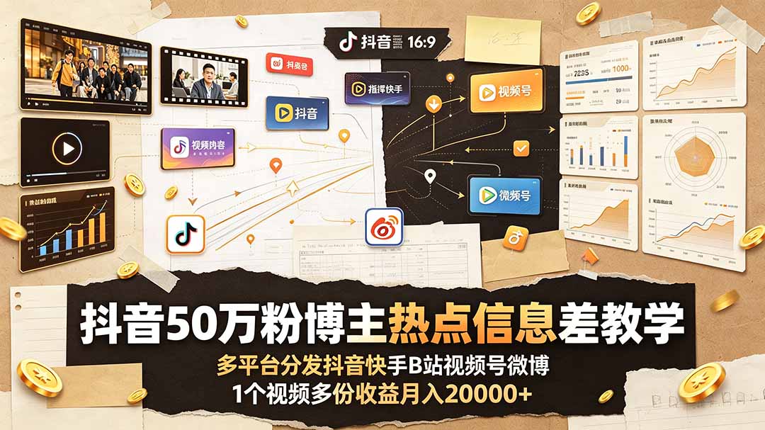 抖音50万粉博主热点信息差教学：多平台分发抖音快手B站视频号微博，1个视频多份收益月入20000+-超级会员网