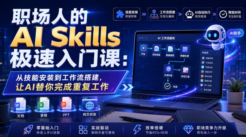职场人的AI Skills极速入门课：从技能安装到工作流搭建，让AI替你完成重复工作-超级会员网