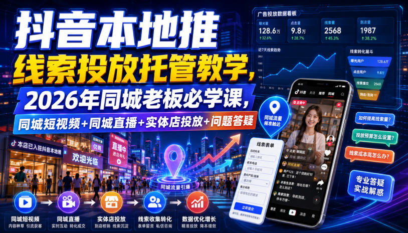 抖音本地推线索投放托管教学，2026年同城老板必学课，同城短视频+同城直播+实体店投放+问题答疑-超级会员网