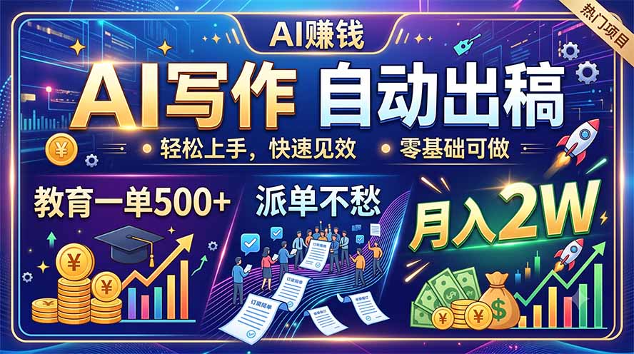 AI写作自动出稿，教育一单500+，派单不愁，月入2W-超级会员网