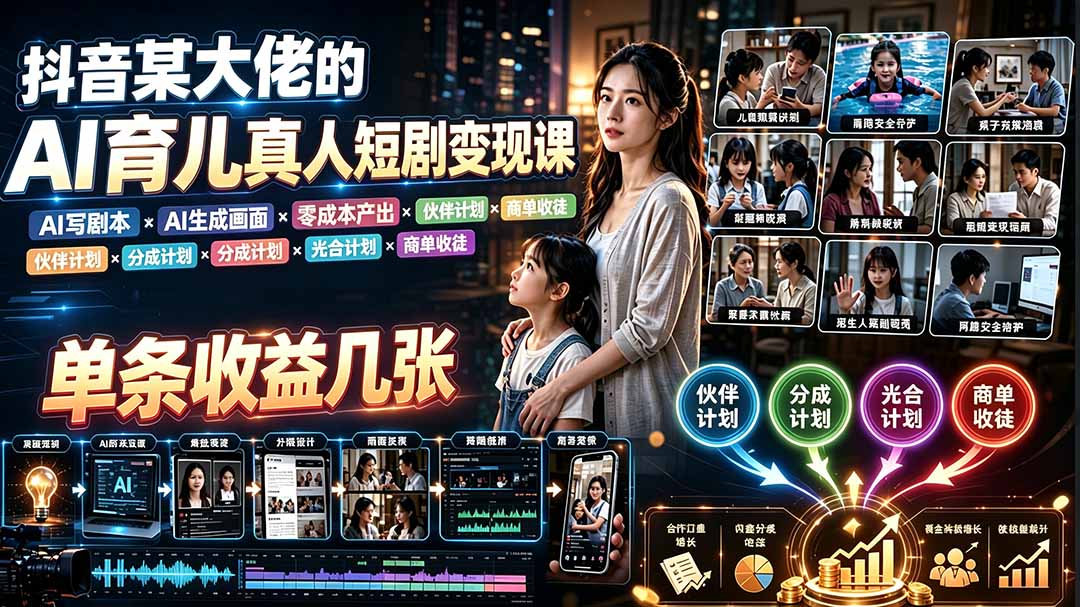 AI育儿真人短剧变现课：AI写剧本×AI生成画面×零成本产出×伙伴计划×分成计划×光合计划×商单收徒-超级会员网