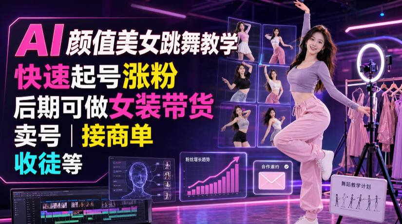 AI颜值美女跳舞教学，快速起号涨粉，后期可做女装带货，卖号，接商单，收徒等-超级会员网