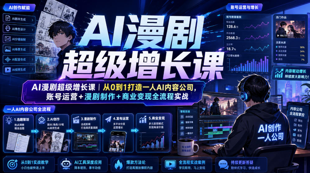 AI漫剧超级增长课｜从0到1打造一人AI内容公司，账号运营+漫剧制作+商业变现全流程实战-超级会员网