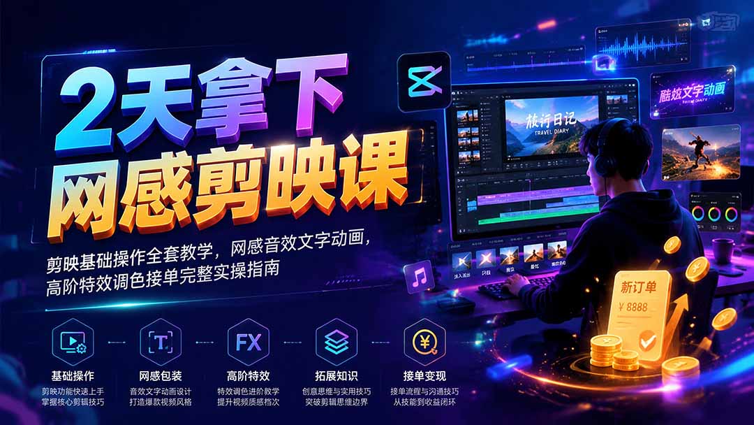 2天拿下网感剪辑课｜剪映基础操作全套教学，网感音效文字动画，高阶特效调色接单完整实操指南-超级会员网