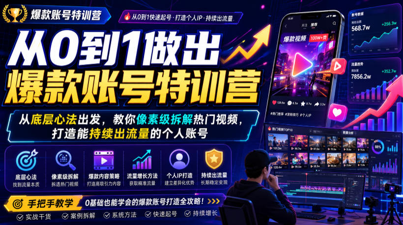从0到1做出爆款账号特训营，从底层心法出发，教你像素级拆解热门视频，打造能持续出流量的个人账号-超级会员网