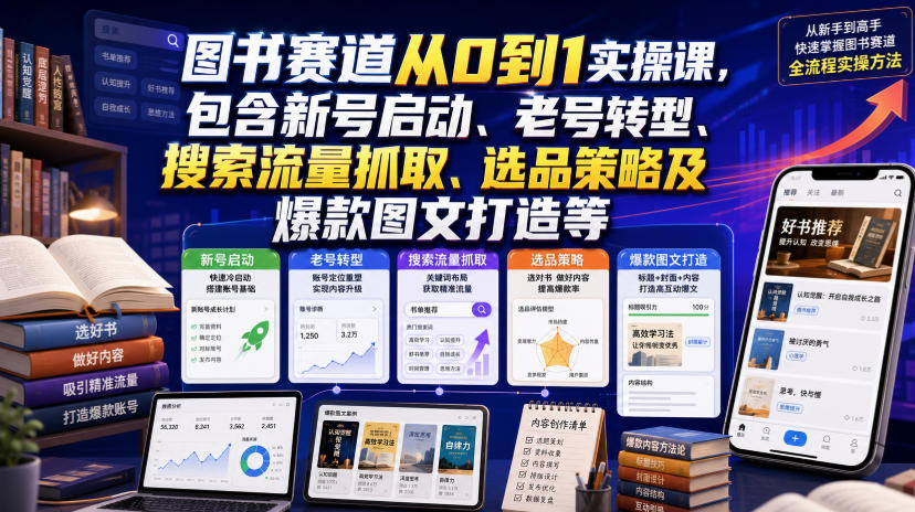 图书赛道从0到1实操课，包含新号启动、老号转型、搜索流量抓取、选品策略及爆款图文打造等-超级会员网
