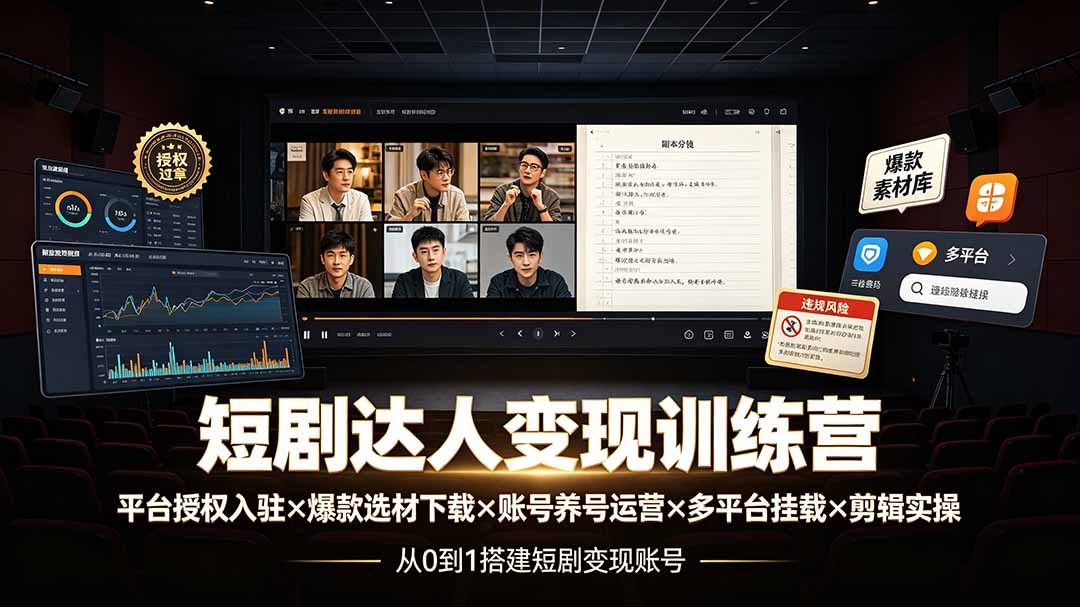 短剧达人变现训练营：平台授权入驻×爆款选材下载×账号养号运营×多平台挂载×剪辑实操×违规处理全流程-超级会员网