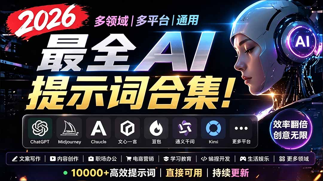 2026最全AI提示词合集！多领域多平台通用，涵盖AI绘画、电商主图、爆款文案，脚本创作等-超级会员网