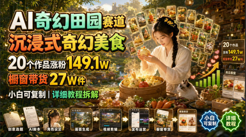 AI奇幻田园赛道，沉浸式奇幻美食，20个作品涨粉149.1W，橱窗带货27W件，小白可复制，详细教程拆解-超级会员网