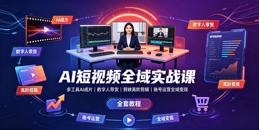 AI短视频全域实战课｜多工具AI成片、数字人带货、剪映高阶剪辑、账号运营全域变现全套教程-超级会员网
