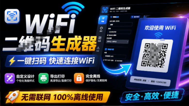 完全离线使用！WiFi二维码生成器，一键扫码快速连接WiFi，支持自定义风格导出WiFi二维码生成器-超级会员网
