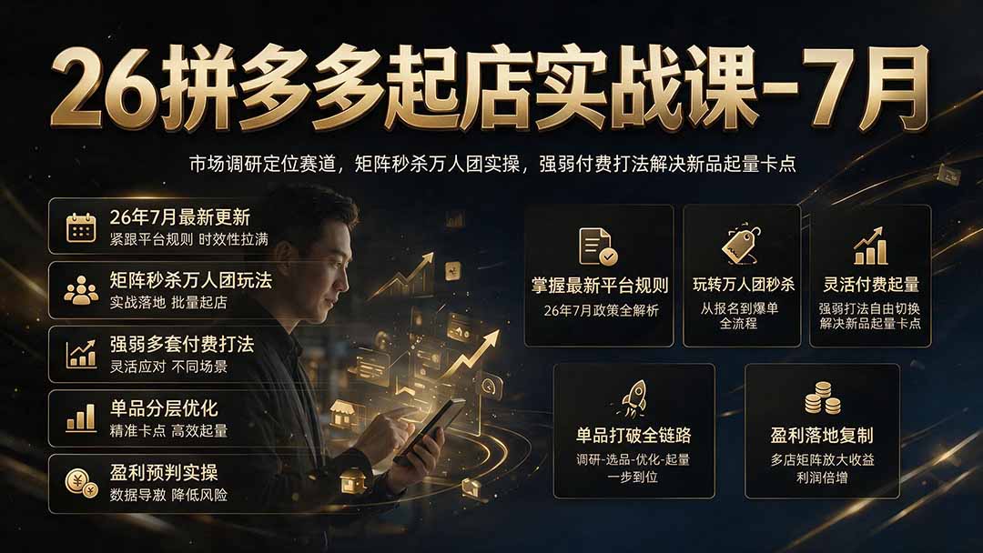 26拼多多起店实战课-7月｜市场调研定位赛道，矩阵秒杀万人团实操，强弱付费打法解决新品起量卡点-超级会员网