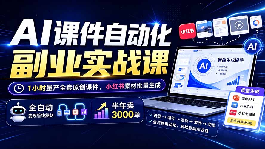 AI课件自动化副业实战课：1小时量产全套原创课件×小红书素材批量生成×全自动变现管线×半年卖3000单-超级会员网
