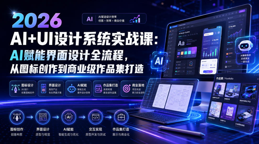 2026 AI+UI设计系统实战课：AI赋能界面设计全流程，从图标创作到商业级作品集打造-超级会员网