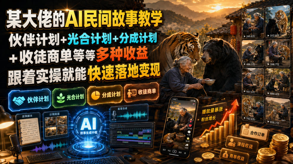 某大佬的AI民间故事教学，伙伴计划+光合计划+分成计划+收徒商单等多种收益，跟着实操就能快速落地变现-超级会员网