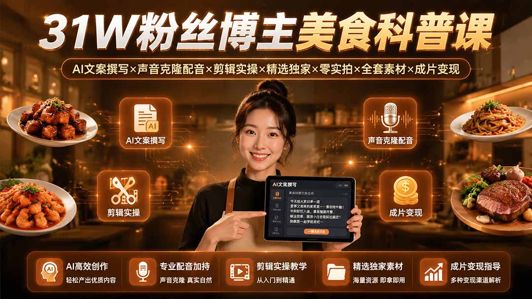 31W粉丝博主美食科普课：AI文案撰写×声音克隆配音×剪辑实操×精选独家×零实拍×全套素材×成片变现-超级会员网
